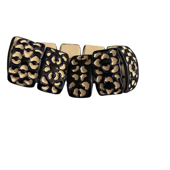 Hand Crafted ceramic beaded stretch bracelet navy blue and white floral EUC - Picture 3 of 5